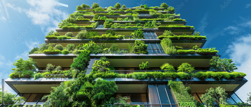 A tall building with a green roof and a lot of plants A tall building with a green roof and a lot of plants