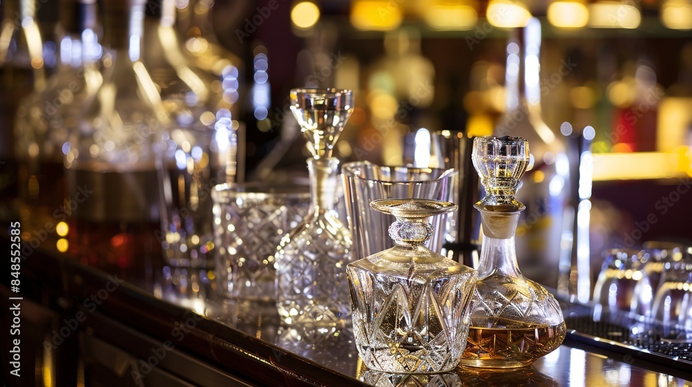 Elegant restaurant bar close-up, array of high-end spirits, crystal decanters, no people, detailed with soft backlighting Elegant restaurant bar close-up, array of high-end spirits, crystal decanters, no people, detailed with soft backlighting