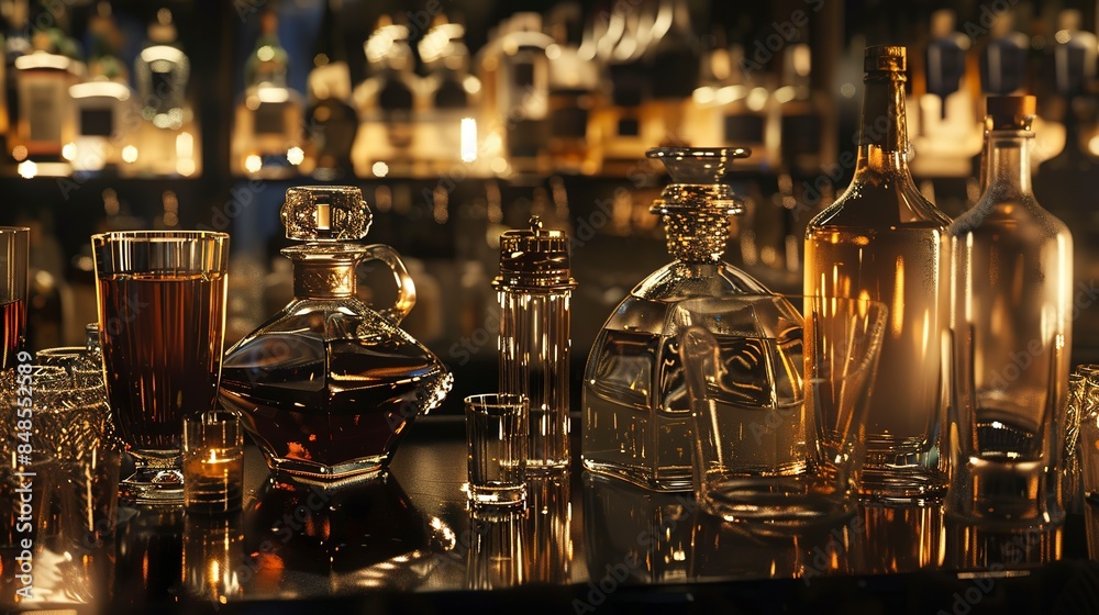 Elegant restaurant bar close-up, array of high-end spirits, crystal decanters, no people, detailed with soft backlighting Elegant restaurant bar close-up, array of high-end spirits, crystal decanters, no people, detailed with soft backlighting