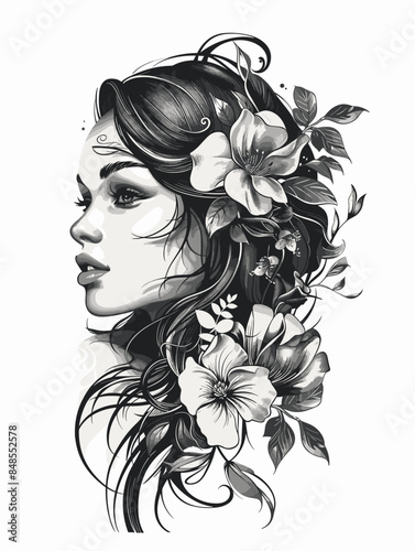 A woman with long hair and flowers on her head. The flowers are white and pink. The woman has a serious expression on her face