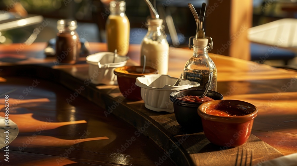 Close-up of a casual dining setting’s condiment station, variety of sauces, no humans, detailed textures, natural light Close-up of a casual dining setting’s condiment station, variety of sauces, no humans, detailed textures, natural light
