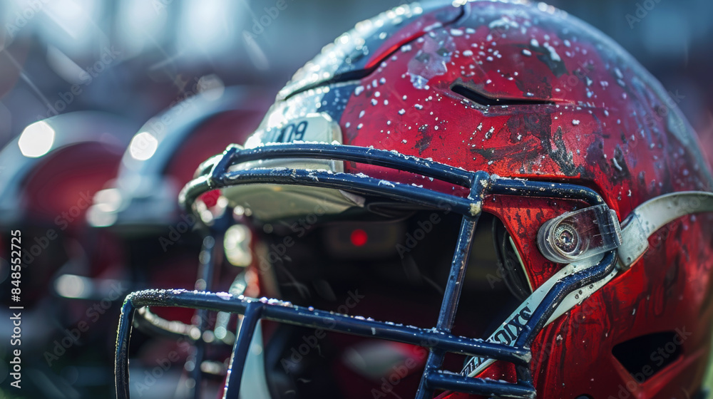 Fototapeta premium A red football helmet covered in rain, emphasizing the toughness and resilience required in the sport.