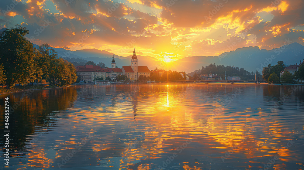Obraz premium Ljubljana, Slovenia city skyline created with Generative AI technology