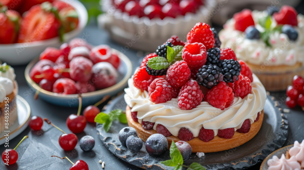 A beautiful fruit tart topped with raspberries, blackberries, blueberries, and mint leaves, surrounded by fresh cherries and berries.