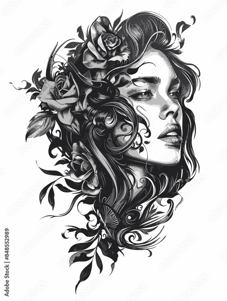 A woman with a flowery headdress and a snake in her hair. The snake is black and the flowers are red