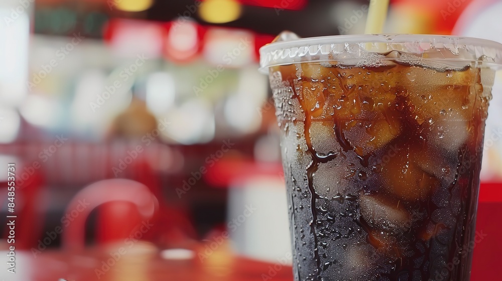 Detailed close-up of a soft drink with ice, condensation on the cup, no humans, fast food restaurant background Detailed close-up of a soft drink with ice, condensation on the cup, no humans, fast food restaurant background