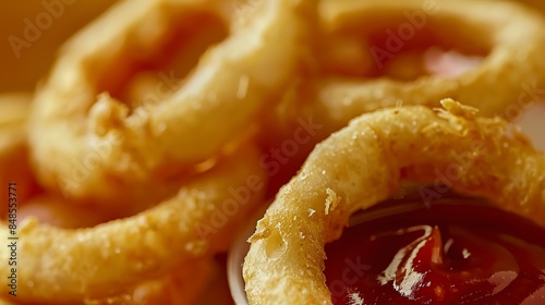 Macro view of onion rings in a fast food setting, crispy golden rings, no humans, detailed texture, side of ketchup  © Thanthara