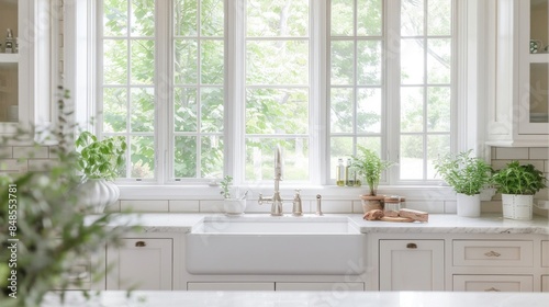 Bright and airy kitchen with a farmhouse sink, large windows letting in natural light, and lush green plants, creating a fresh and inviting atmosphere with a touch of rustic charm.
