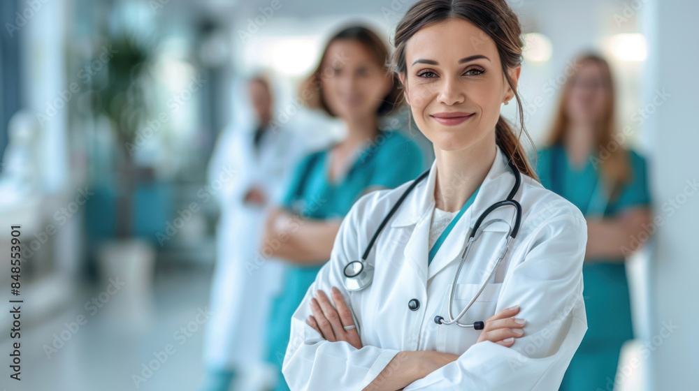 Smiling female doctor standing with her arms crossed in front of her medical team, representing healthcare professionalism and teamwork. Smiling female doctor standing with her arms crossed in front of her medical team, representing healthcare professionalism and teamwork.