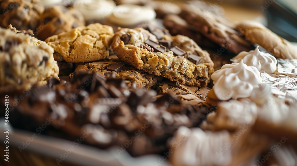 Close-up of a dessert tray with assorted cookies and brownies, no humans, family sharing moment, detailed treats Close-up of a dessert tray with assorted cookies and brownies, no humans, family sharing moment, detailed treats