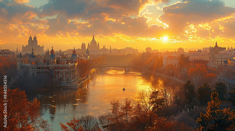 Obraz premium Madrid, Spain city skyline created with Generative AI technology