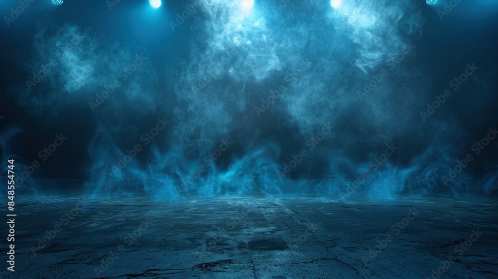 A blue room with smoke and lights. Scene is dark and mysterious A blue room with smoke and lights. Scene is dark and mysterious