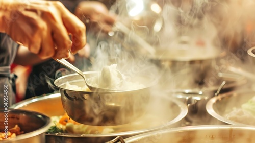 Close view of hands filling a bowl with hot soup from a buffet, steam rising, no faces, self-service warmth 