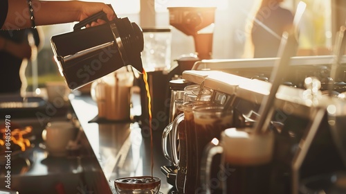 Close-up of hands pouring coffee from a self-serve dispenser at a buffet, no faces, breakfast beverage, morning light  photo