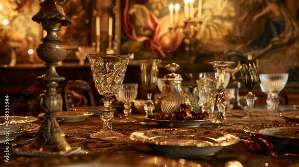 Close-up of a Renaissance-themed restaurant table with ornate goblets, a lavish feast, and tapestry-covered walls, soft candlelight. Close-up of a Renaissance-themed restaurant table with ornate goblets, a lavish feast, and tapestry-covered walls, soft candlelight.