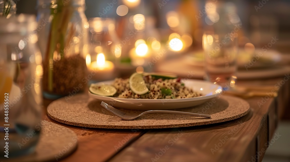 Close-up of a hemp-fiber table with a quinoa salad, cork placemat, and mason jar drinks, soft eco-friendly lighting. Close-up of a hemp-fiber table with a quinoa salad, cork placemat, and mason jar drinks, soft eco-friendly lighting.