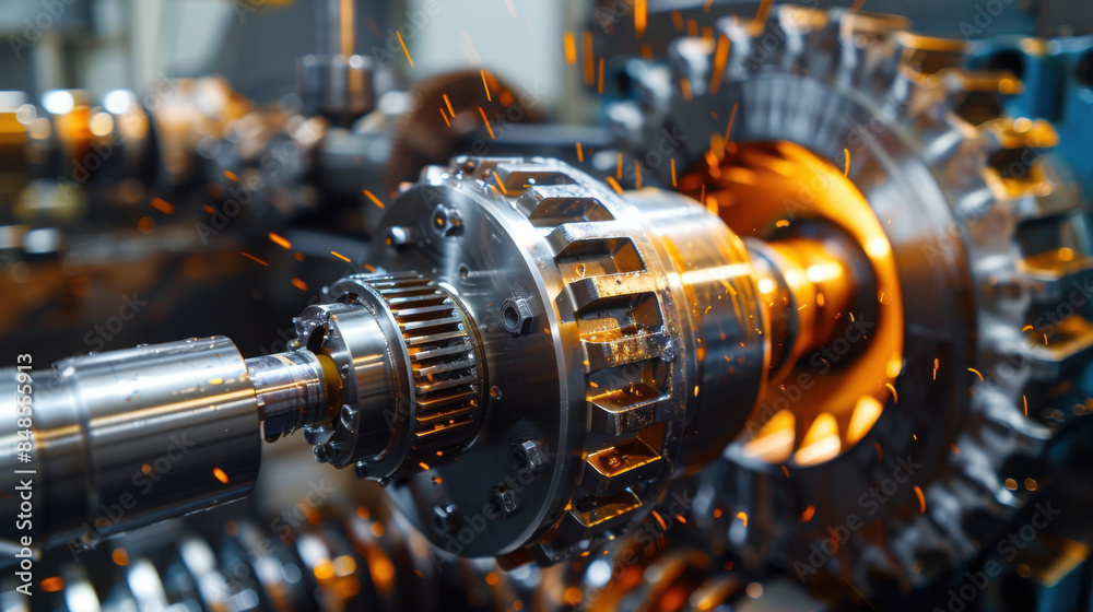 Close-up of industrial machinery in operation with sparks flying, showcasing metalworking process in a factory setting.