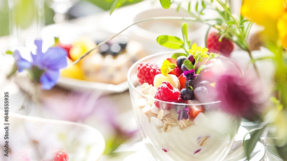 Close-up of a farm-to-table restaurant with fresh fruit salad, yogurt parfait, and wildflowers, soft morning light. Close-up of a farm-to-table restaurant with fresh fruit salad, yogurt parfait, and wildflowers, soft morning light.
