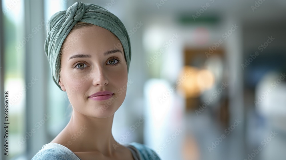 Woman wearing green headscarf looking directly at the camera in a hospital setting. Woman wearing green headscarf looking directly at the camera in a hospital setting.