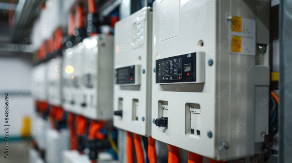 Close-up view of industrial control panels with wires and buttons, arranged in a row within a factory setting. Close-up view of industrial control panels with wires and buttons, arranged in a row within a factory setting.