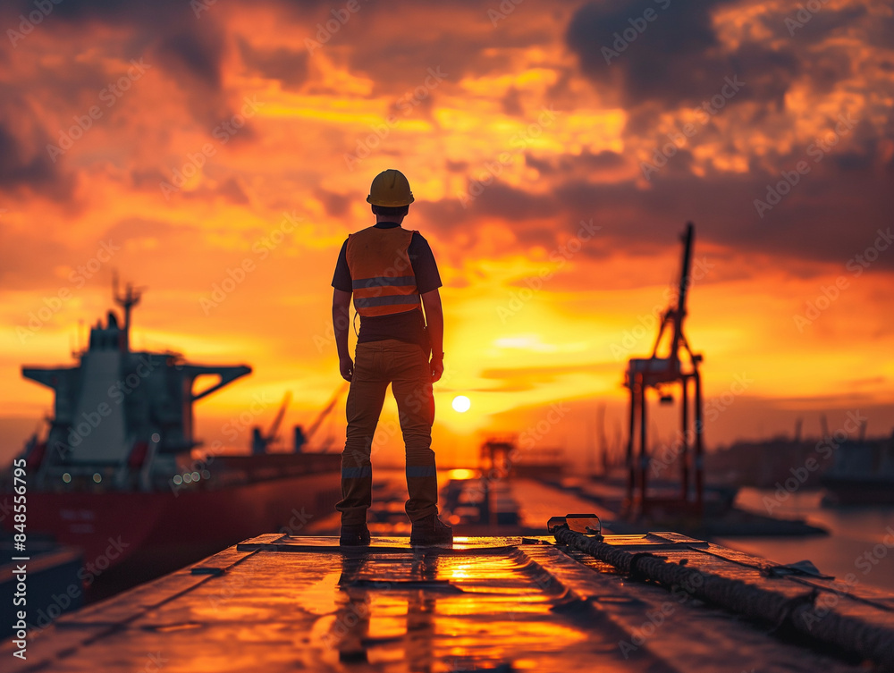 Fototapeta premium a photo of a worker at depot seeing a sunset