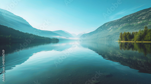 Peaceful Lake Surrounded by Mountains at Sunset photo