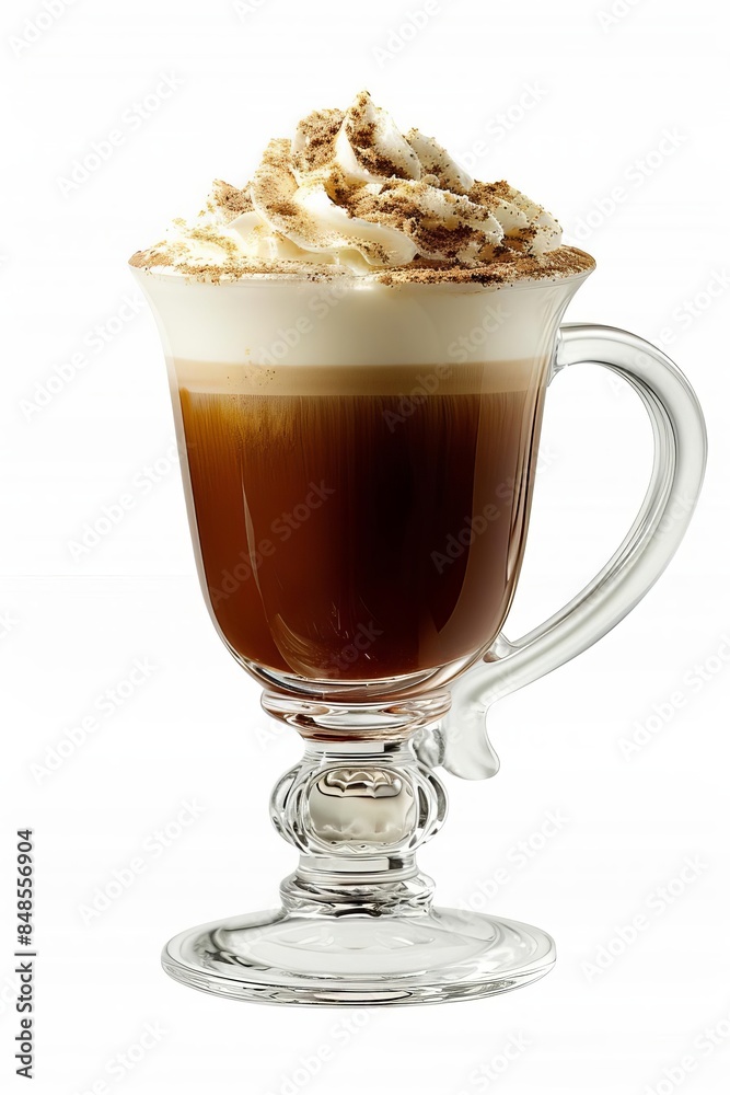 Glass mug of creamy coffee topped with whipped cream and sprinkled with chocolate on isolated white background. Glass mug of creamy coffee topped with whipped cream and sprinkled with chocolate on isolated white background.
