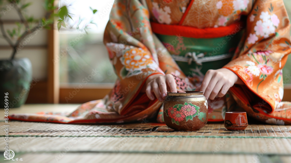 Fototapeta premium Close-up of a Japanese tea ceremony with a person in a colorful kimono, focusing on traditional teaware and delicate movements.