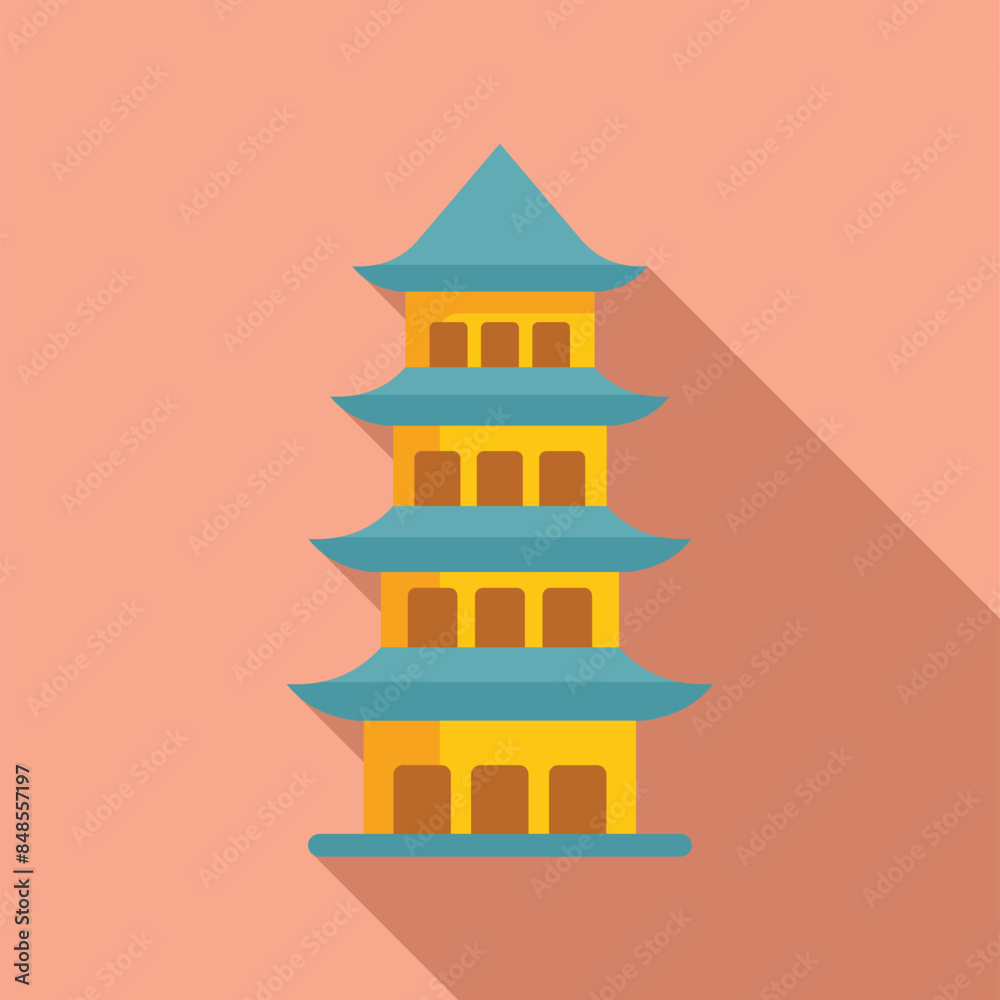 Tall pagoda with multiple tiers is standing in front of a light red background Tall pagoda with multiple tiers is standing in front of a light red background