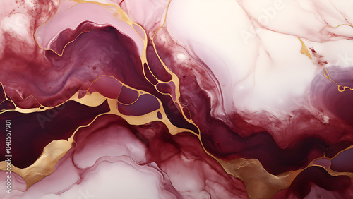 Burgundy - Flowing Acrylic Pour, Kintsugi Infused Fluid, Golden Flow, Splendour Wallpaper, Lavish Art, abstract