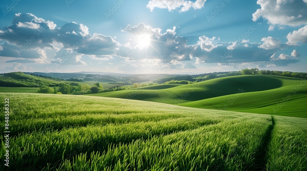 Beautiful Panorama of Rolling Green Fields. Spring or Summertime Background with White Fluffy Clouds and Natural Landscape
