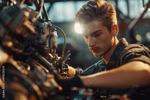 Young male repairing engine in vehicle service center 
