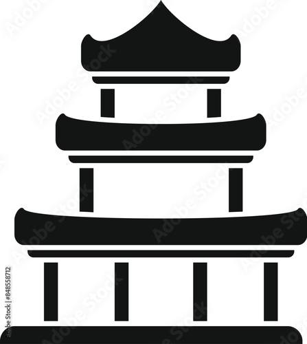Black silhouette of a traditional three level japanese building with a curved roof, symbolizing eastern architecture and culture