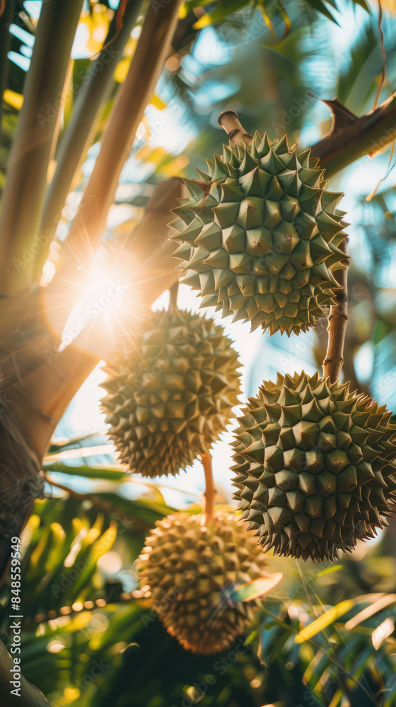Fototapeta premium Close Up of Durian Fruits Hanging on Tree Branch with Sunlight Filtering Through Leaves in Tropical Orchard