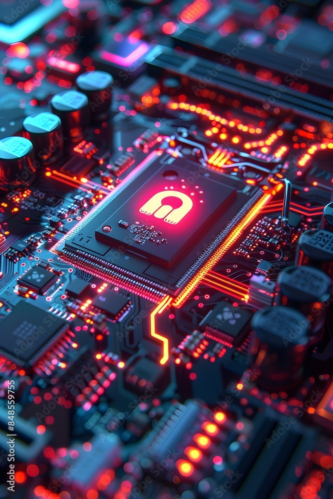 Social Technology Concept with user symbol on a Microchip. Data flows from the CPU across a Futuristic Motherboard. 3D render Social Technology Concept with user symbol on a Microchip. Data flows from the CPU across a Futuristic Motherboard. 3D render