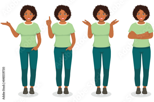 Set of young African woman showing different posing gestures and hand signs expressions
