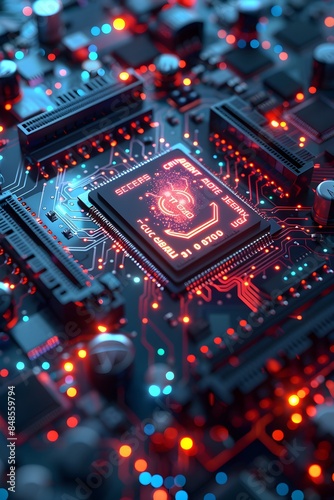 Social Technology Concept with user symbol on a Microchip. Data flows from the CPU across a Futuristic Motherboard. 3D render