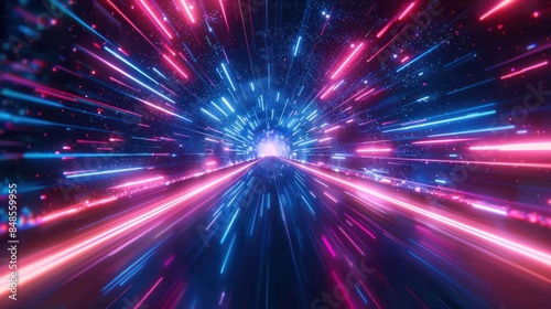 Retro Neon Hyper Warp Flight in Abstract Tunnel - 3D Illustration