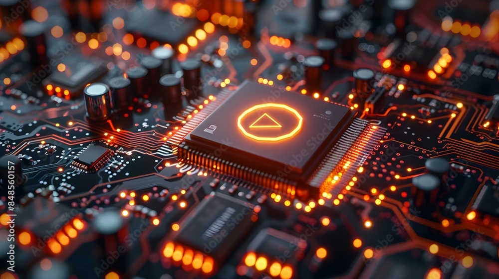 Social Technology Concept with user symbol on a Microchip. Data flows from the CPU across a Futuristic Motherboard. 3D render Social Technology Concept with user symbol on a Microchip. Data flows from the CPU across a Futuristic Motherboard. 3D render