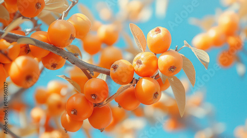 Vibrant Orange Berries on Branches Against a Blue Sky Stunning Close Up of Nature's Autumn Harvest © pisan