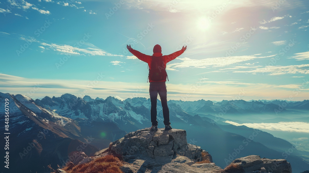 A hiker with arms raised in celebration stands on a mountain summit at sunrise, overlooking a vast and stunning mountain range. A hiker with arms raised in celebration stands on a mountain summit at sunrise, overlooking a vast and stunning mountain range.
