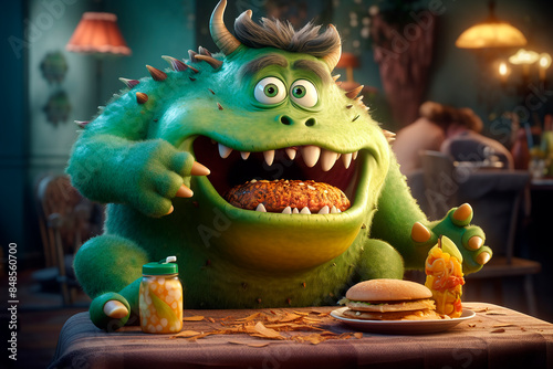 Unusual visitor at table in cafe. Big green monster satisfies his hunger and enjoys fast food snack. Template for puzzle, kids menu, cover. Funny character with horns, big mouth and hamburger. photo