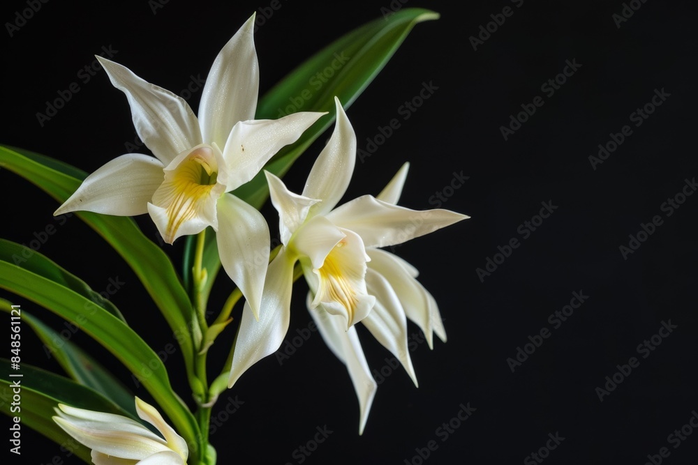 Obraz premium flower Photography, Coelogyne pandurata, copy space on right, Close up view, Isolated on black Background
