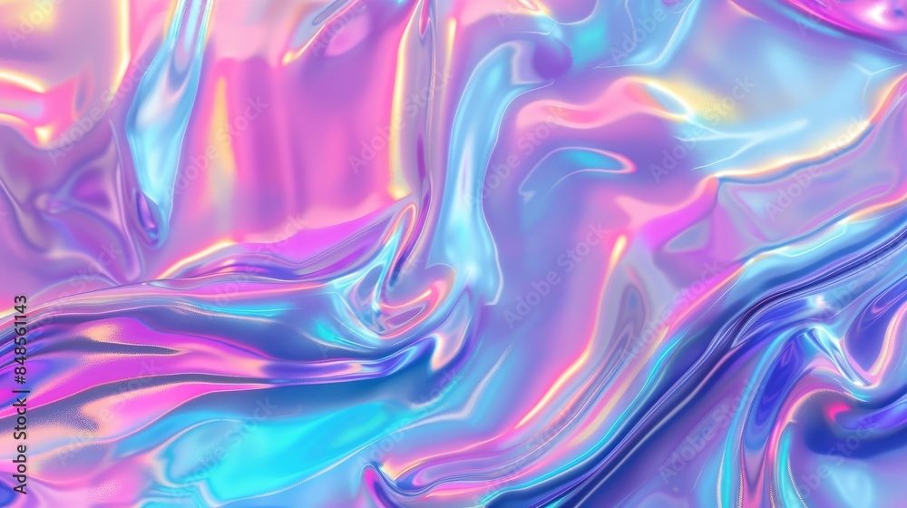 Obraz premium Vibrant neon and pastel colors create a trippy 80s 90s vaporwave style with distorted holographic texture and iridescent marbling