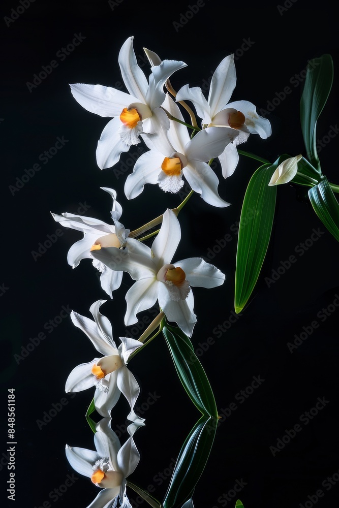 Fototapeta premium flower Photography, Coelogyne pandurata, copy space on right, Close up view, Isolated on black Background