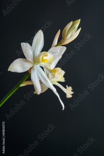 flower Photography, Coelogyne pandurata, copy space on right, Close up view, Isolated on black Background
