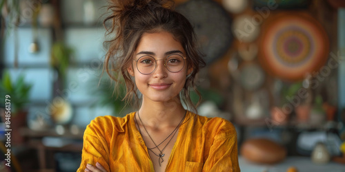 Wallpaper Mural Cheerful Indian Girl Standing at Home Office Torontodigital.ca