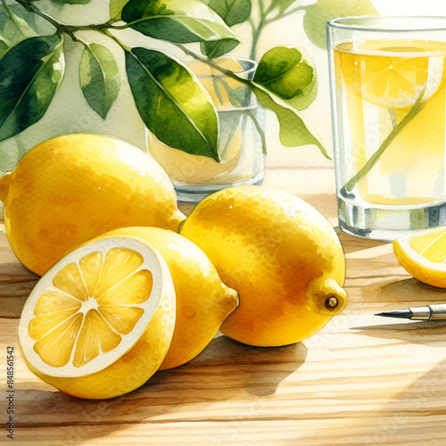 VTG Watercolor Painting of Fruit Juicy Lemons with Branches of Green Leaves on Wooden Table with Drinking Glass of Water Juice Lemonade. Welcome Wedding Sign for Drinks VIP Invitation Kitchen Poster photo