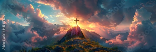Crucifix at the top of a Mountain with Sunlight Breaking through the Clouds. Inspirational Christian Image