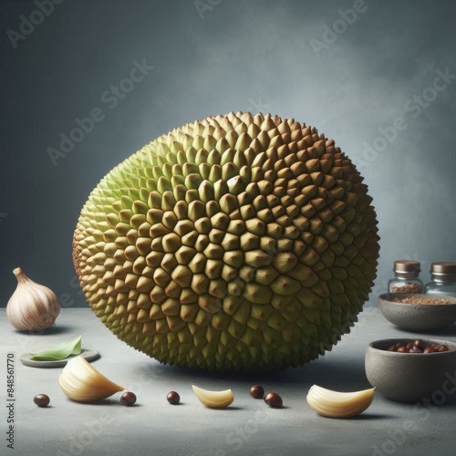 Whole fresh jackfruit on a simple, plain backdrop, emphasizing its unique appearance photo
